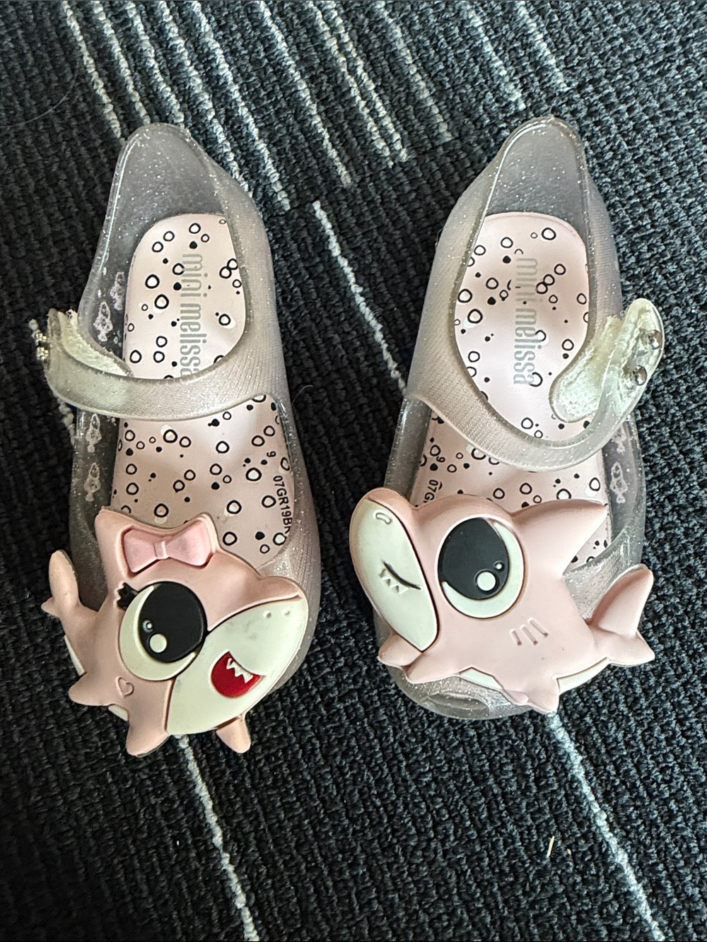 Mini Melissa Pink Glitter Jelly Mary Janes with Shark Appliqués